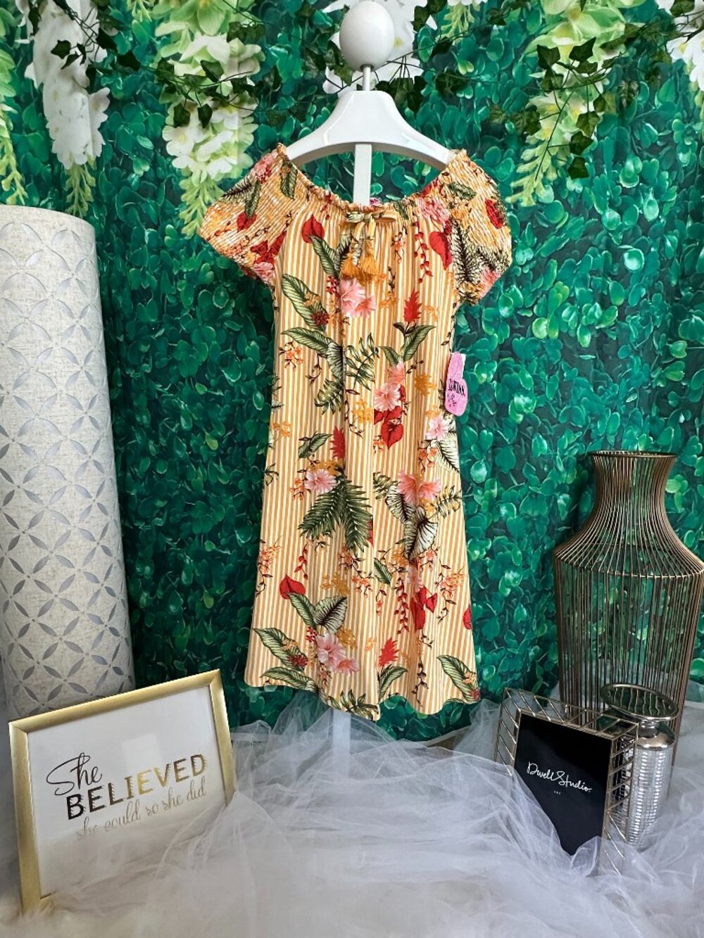 NWT - 1st Kiss Girls' Tropical Floral Stripe Off-The-Shoulder Dress Sz 10/12